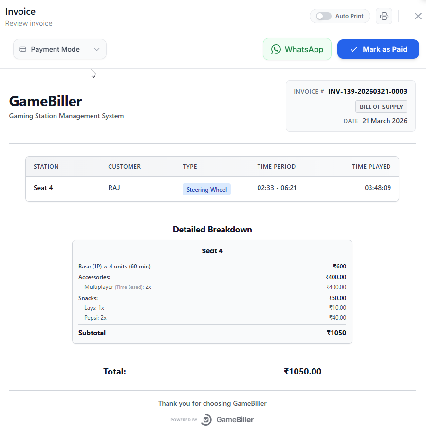 GameBiller invoice review with session breakdown, accessories, snacks, GST-ready bill of supply, and WhatsApp share
